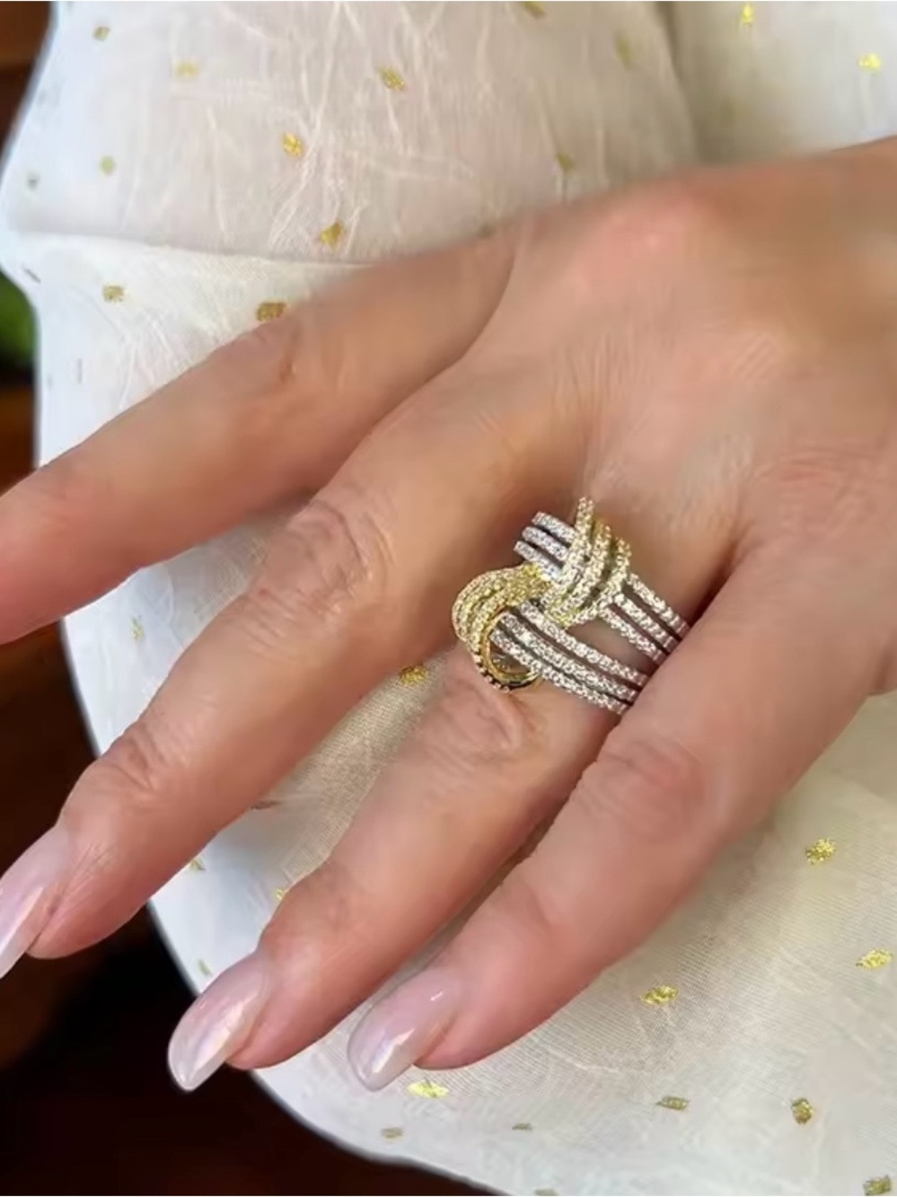 Mixed Metal Pave Knot Statement Ring - Yellow Gold & Silver